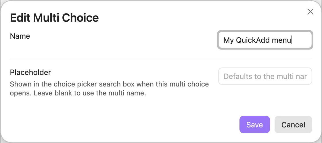 The Multi choice settings modal